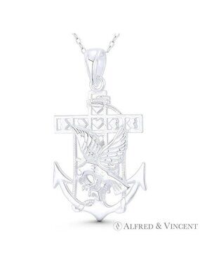 Ship's Anchor Eagle & Helm / Wheel Mariners Charm Pendant in 925 Sterling Silver